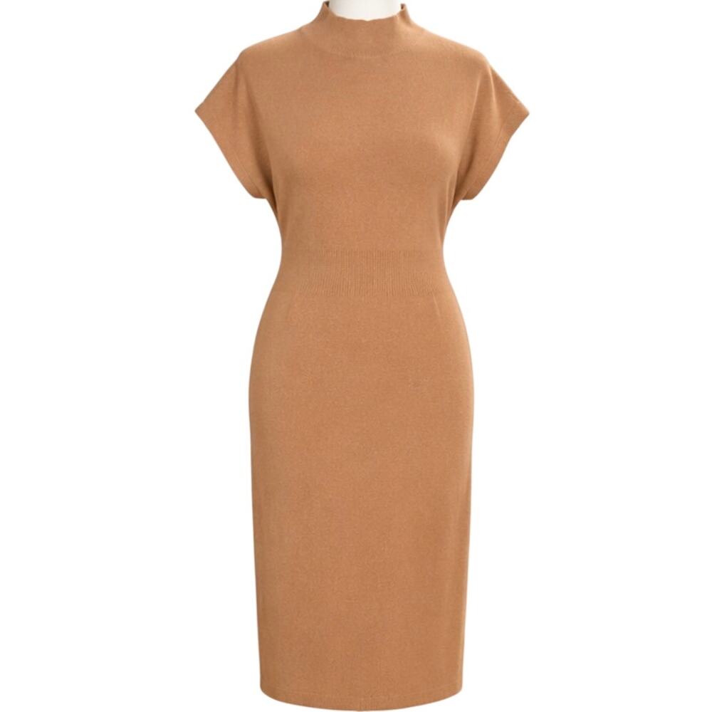 Anthropologie Cedar Brown Mock Neck Ribbed Knit Midi Dress, Caramel, Medium, NWT